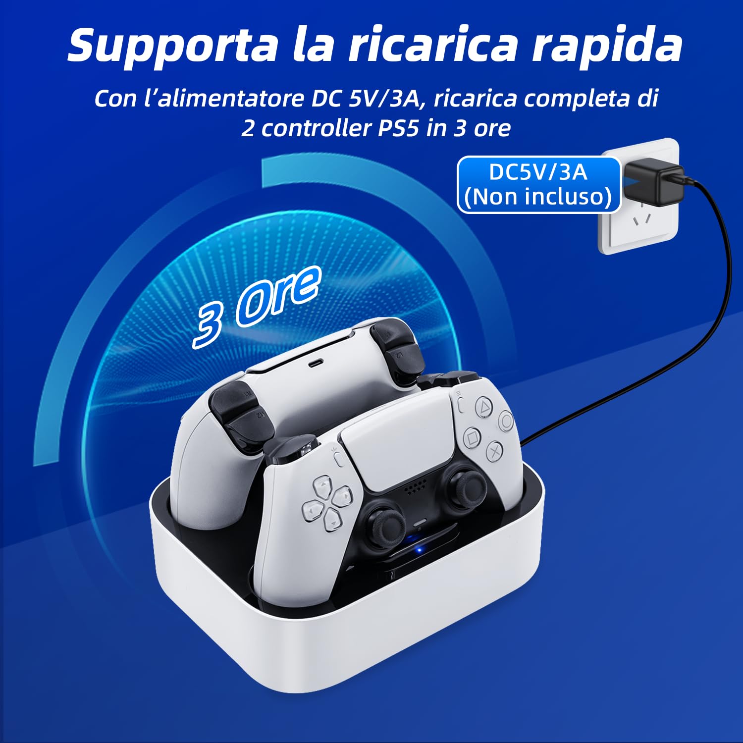 Caricatore Joystick per PS5, Docking Station di Base Ricarica per Accessori per Playstation 5 DualSense Controller con Indicatori Luminosi a LED/Carica Rapida/Protezione da Cortocircuito