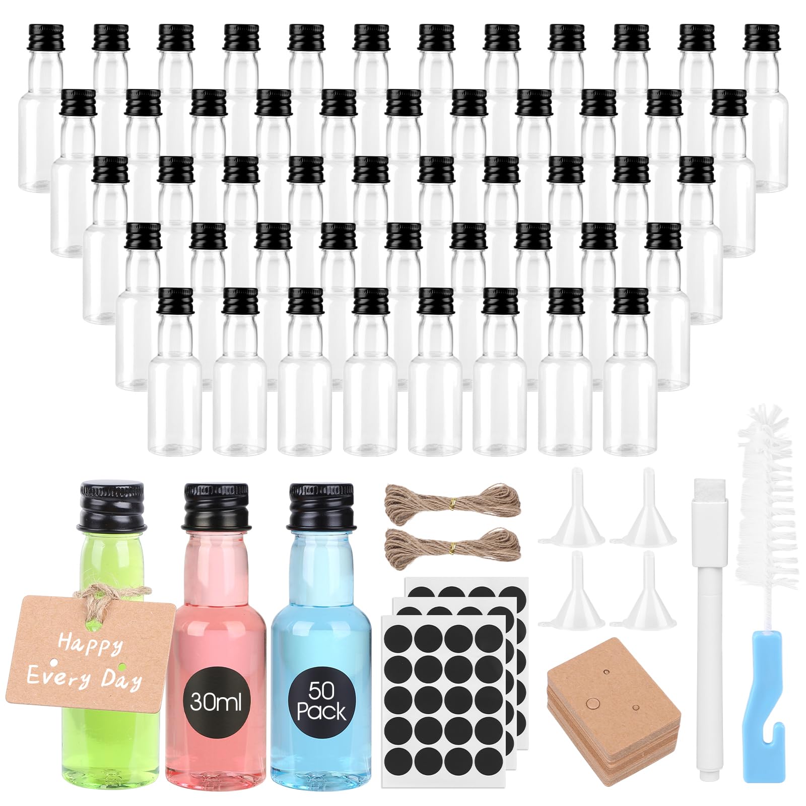 50 Pezzi Mini Bottiglie Alcolici Bomboniere, Bottigliette Liquore Mignon da 30 ml, Piccole Bottiglie di Plastica con Penna, Etichette, Imbuto e Pennello per Matrimoni, Feste e Whisky