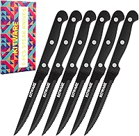 Vista 1 de KITWARE Juego de 6 cuchillos negros para carne, juegos de carne afilados y dentados con caja de regalo, cubertería de mesa de acero inoxidable