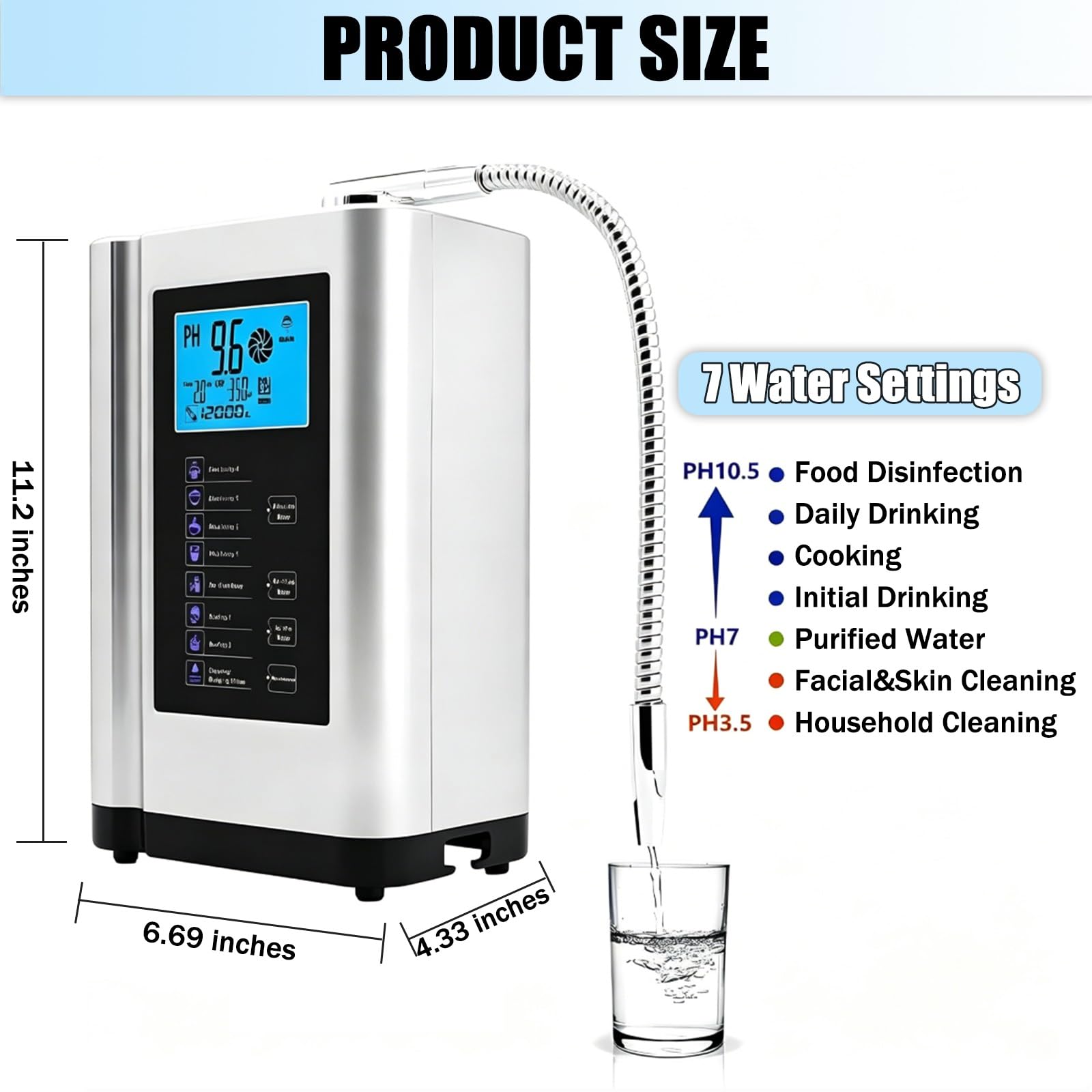 Wasserionisierer alkalisch Redoxpotential +400~-500mV pH 3,5–10,5 7 Einstellungen 8000 Liter Filter Weiß