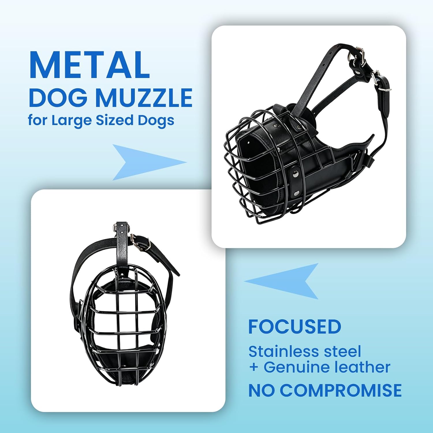 Dog Metal Muzzle for Large Sized Dogs, Adjustable Durable Leather Straps Secure Wire Mask for Biting Chewing Barking, Metal Basket Heavy Duty Rottweiler Muzzle for Corso, Labrador (L) image 2