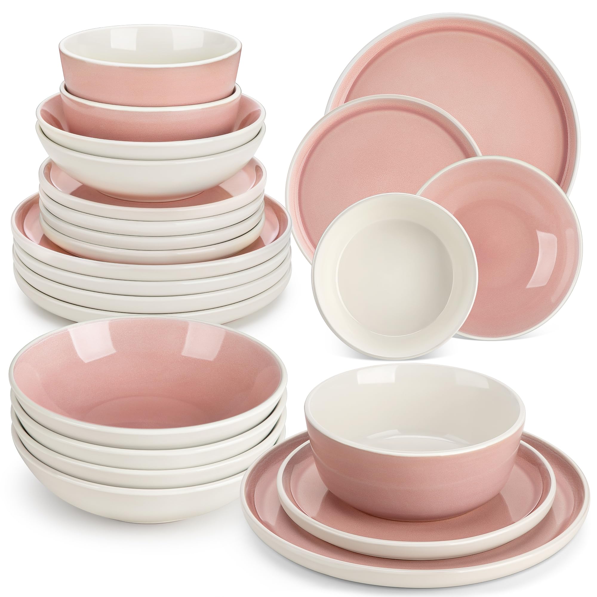 vancasso ELBA Assiettes Service de Table 6 Personnes, 24 Pièce Service Vaisselle Complet en Grès - 6 Assiettes Plates, 6 Assiettes à Dessert, 6 Assiettes Creuses et 6 Bols, Compatible Micro-Ondes,Rose