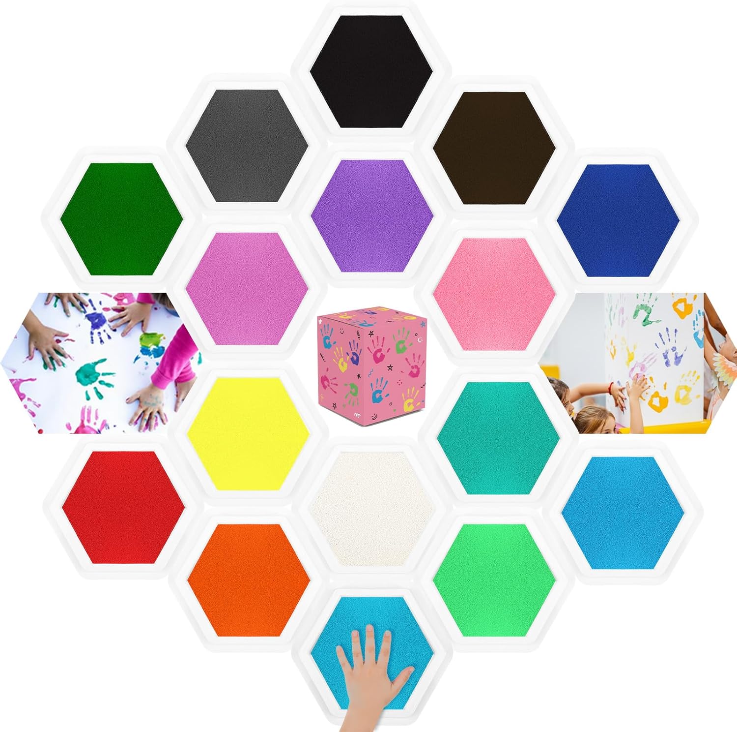 Glenmal 16 Pcs Colors Washable Ink Pad Large Hexagon Washable Stamps Ink Pads for Kids 7x8" Fingerprint Handprint Footprint Card Making Art Craft Rainbow Stamp on Paper Fabric Scrapbook Birthday Gift