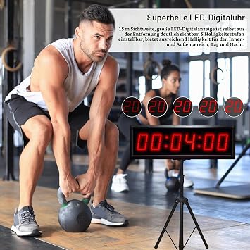 Countdown Timer Stopwatch for Competitions Play Timer 2.3 Inch Gym Timer with Tripod Remote Control Stopwatch Sport 6 Digit Down/Count Up Function 12/24H Adjustable Brightness (Charging)