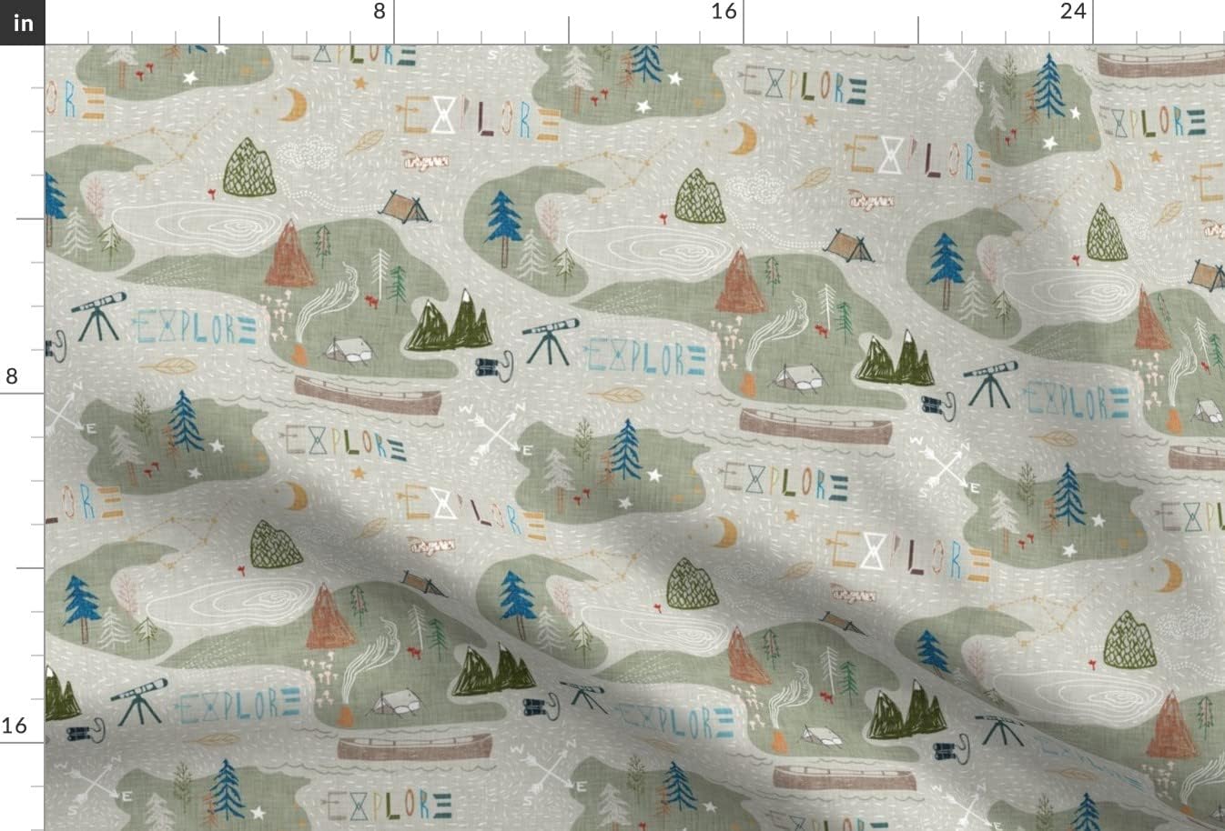 Spoonflower Fabric - Explore Sage Mountain Map Camping Hiking Outdoors Lake Tent Fire Printed on Upholstery Velvet Fabric Fat Quarter - Upholstery Home Decor Bottomweight Apparel