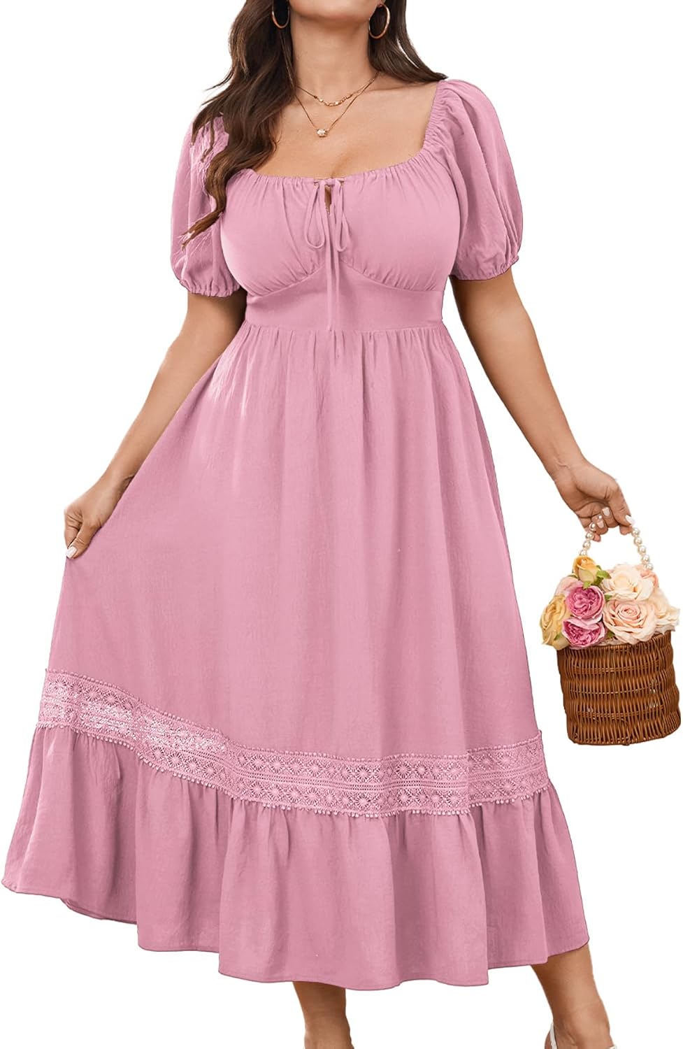 SCOMCHIC Women's Plus Size Dresses Summer Milkmaid Short Sleeve Square Neck A Line Lace Trim Boho Maxi Dress