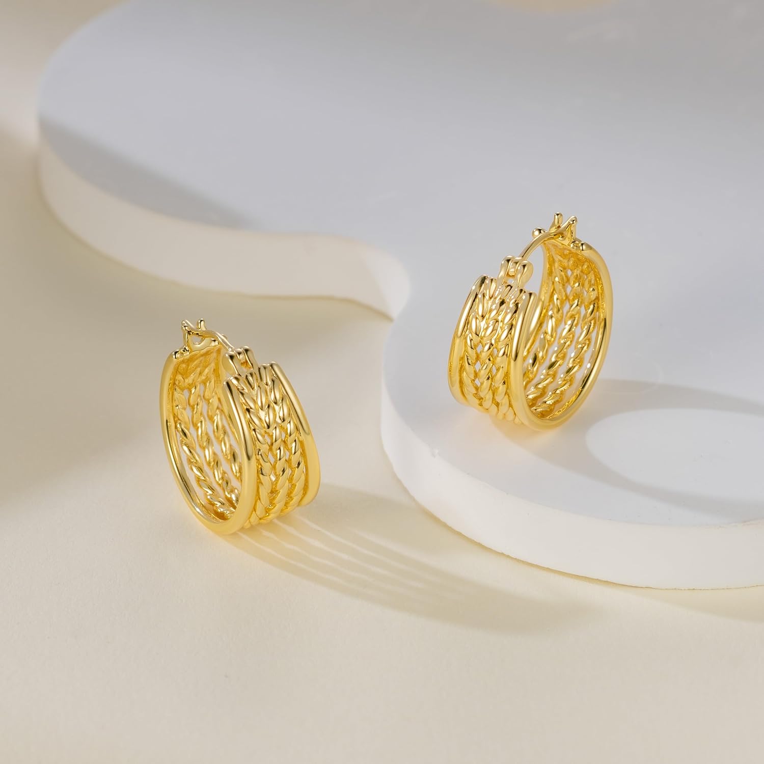 Gold Hoop Earrings for Women 14K Gold Earrings for Women Trendy Woven Texture and Openwork Design Unique Womens Hoop Earring