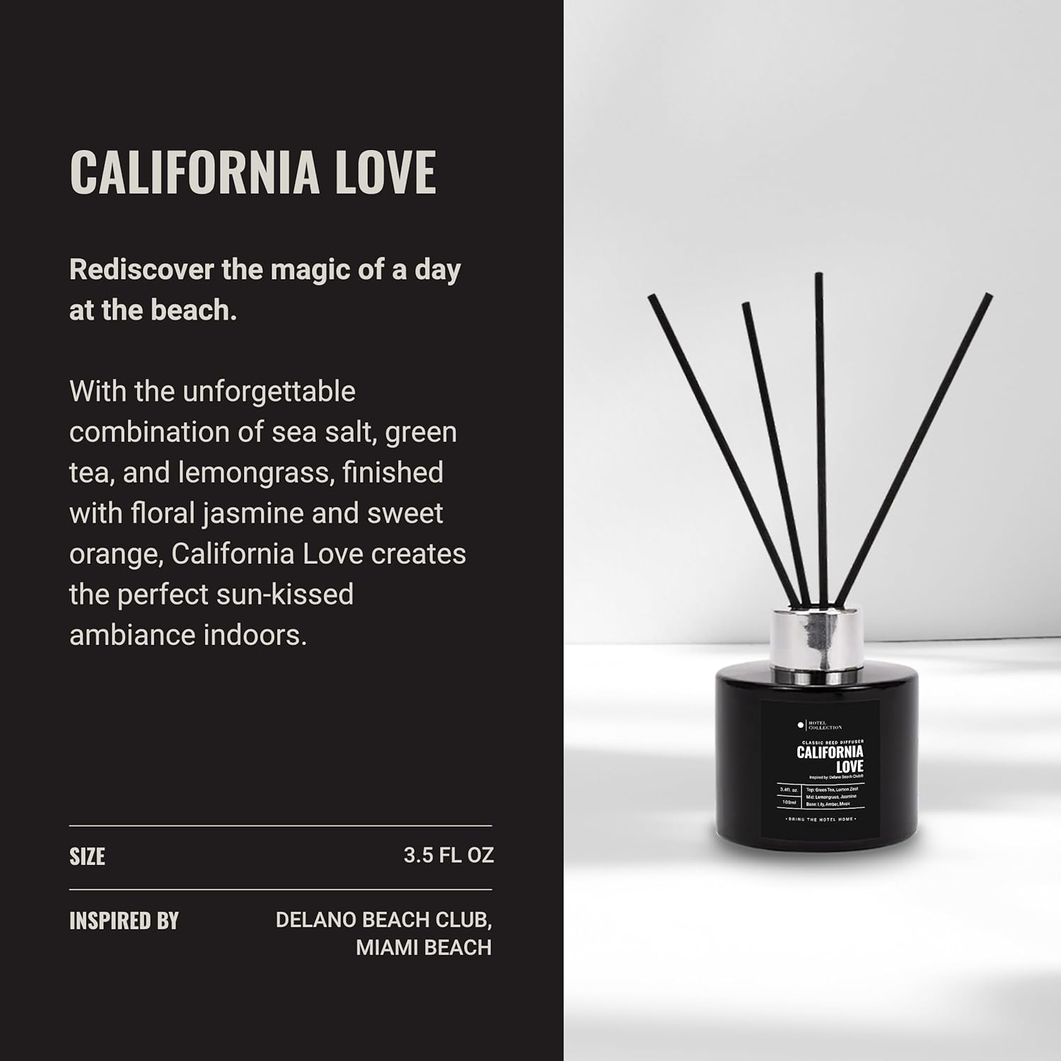 Hotel Collection | California Love Reed Diffuser Set | Hotel Inspired Luxury Essential Oil Reed Diffuser | Green Tea, Orange and Lemongrass 3.4 fl oz, 100 mL