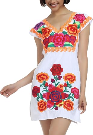 YZXDORWJ Women Mexican Embroidered Dress Ruffle Collar Sleeveless