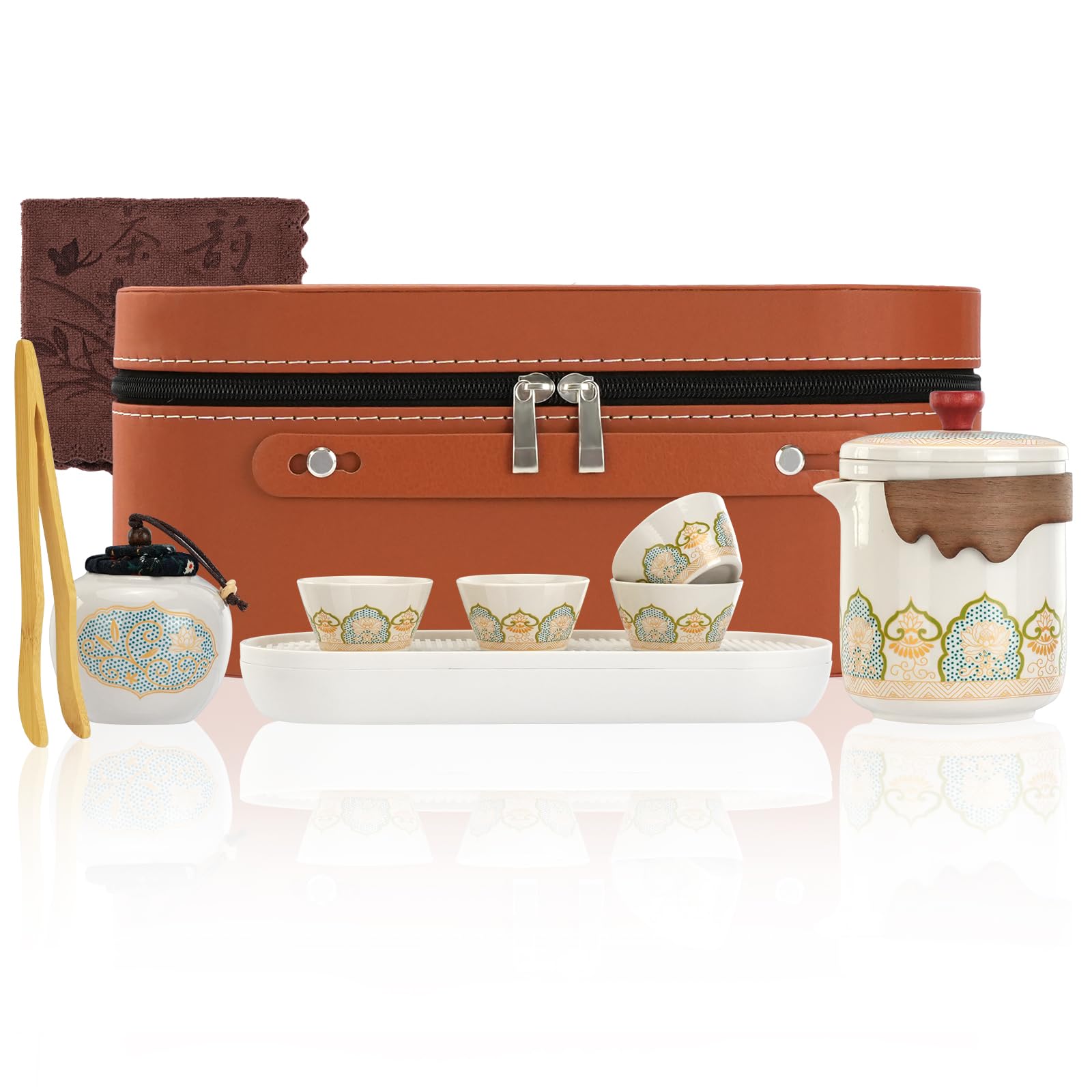 Mulaibdin Chinese Tea Set Travel, Kung Fu Tea Set for Adults, Japanese Tea Set Traditional with Bag, Portable Teapot and Cup Set with Tray, Porcelain Tea Set with Infuser for Outdoor,Gifts