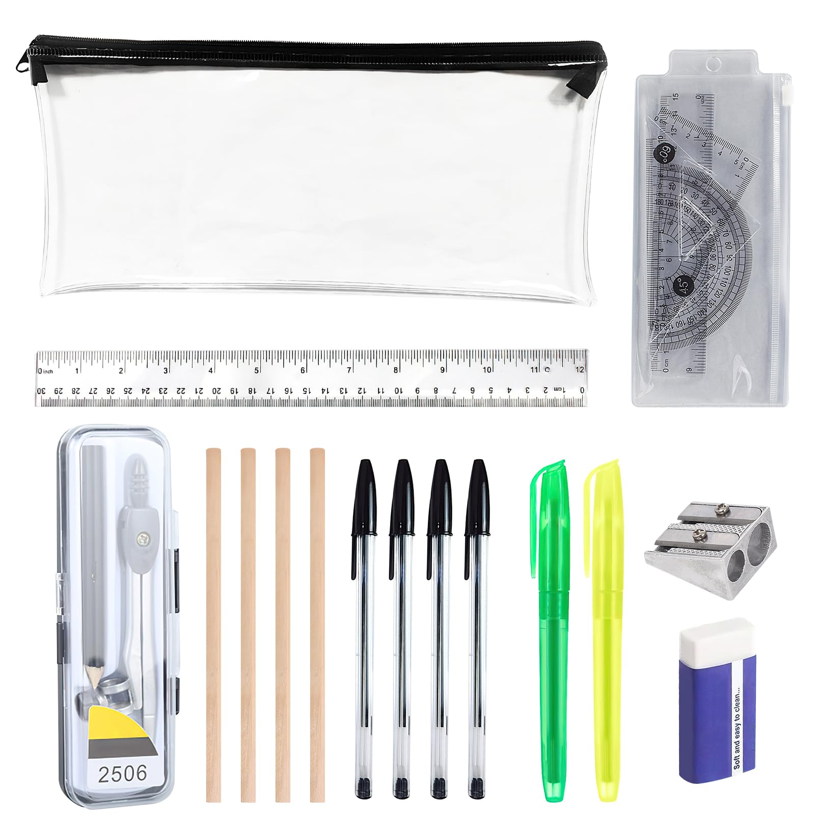 Wlleoaa School Stationary Sets, Back to School Stationery Set, Exam Stationer Set, Maths Sets, with Pen, Ruler, Protractor, Compass, Highlighter, Pencil Case, Eraser, for Office, Home, Schools