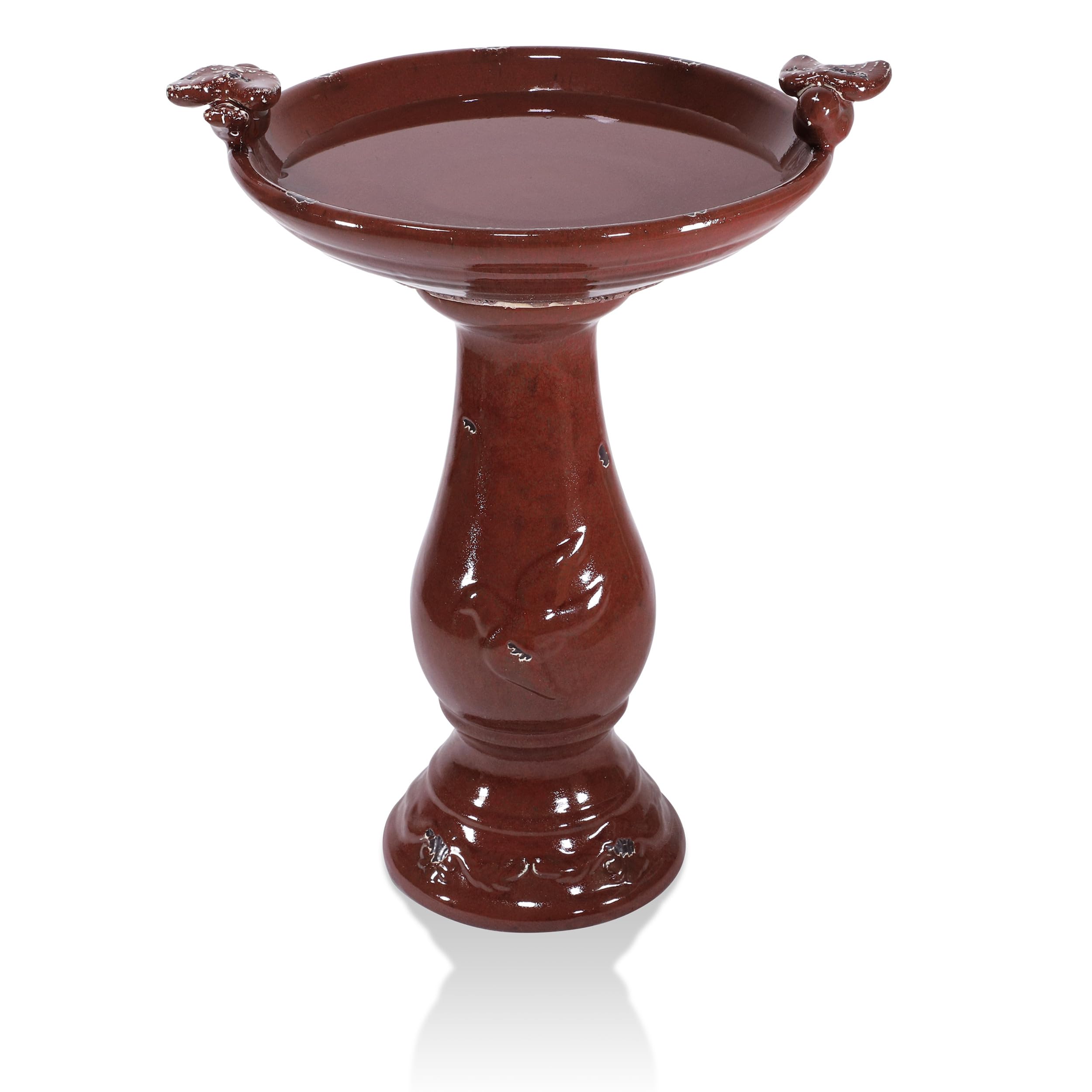 Alpine Corporation Bain d'oiseaux sur Pied en céramique Antique avec 2 Figurines d'oiseaux Rouge 61 cm