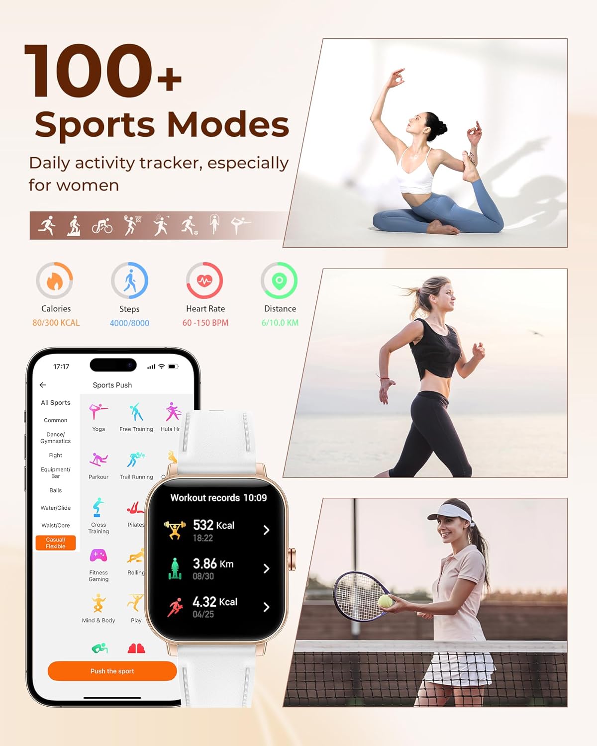 Smart Watch for Women, 30-Day Battery Life, Bluetooth Call (Answer/Make), 1.85" HD Fitness Tracker with Heart Rate Sleep SpO2 Monitor, 100+ Sports Modes, 4 Bands & 2 Charms, Android iPhone Compatible