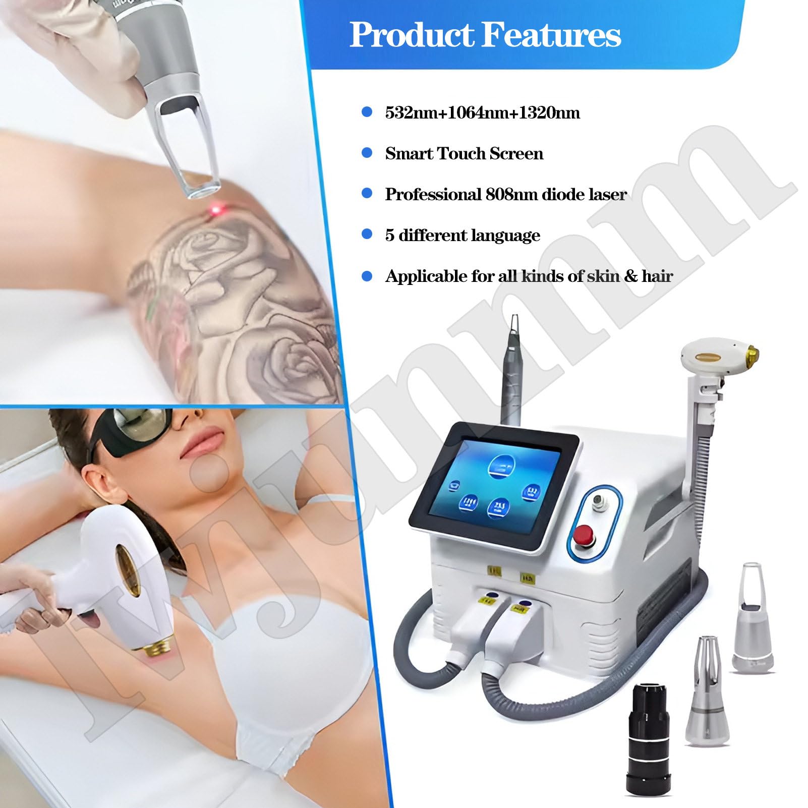 2 Maniglia 808Nm Ghiaccio Titanio Laser Depilazione 500-1000w Diodo Laser Macchina per depilazione ipl per Il Salone della Clinica DualHandles-5Bars