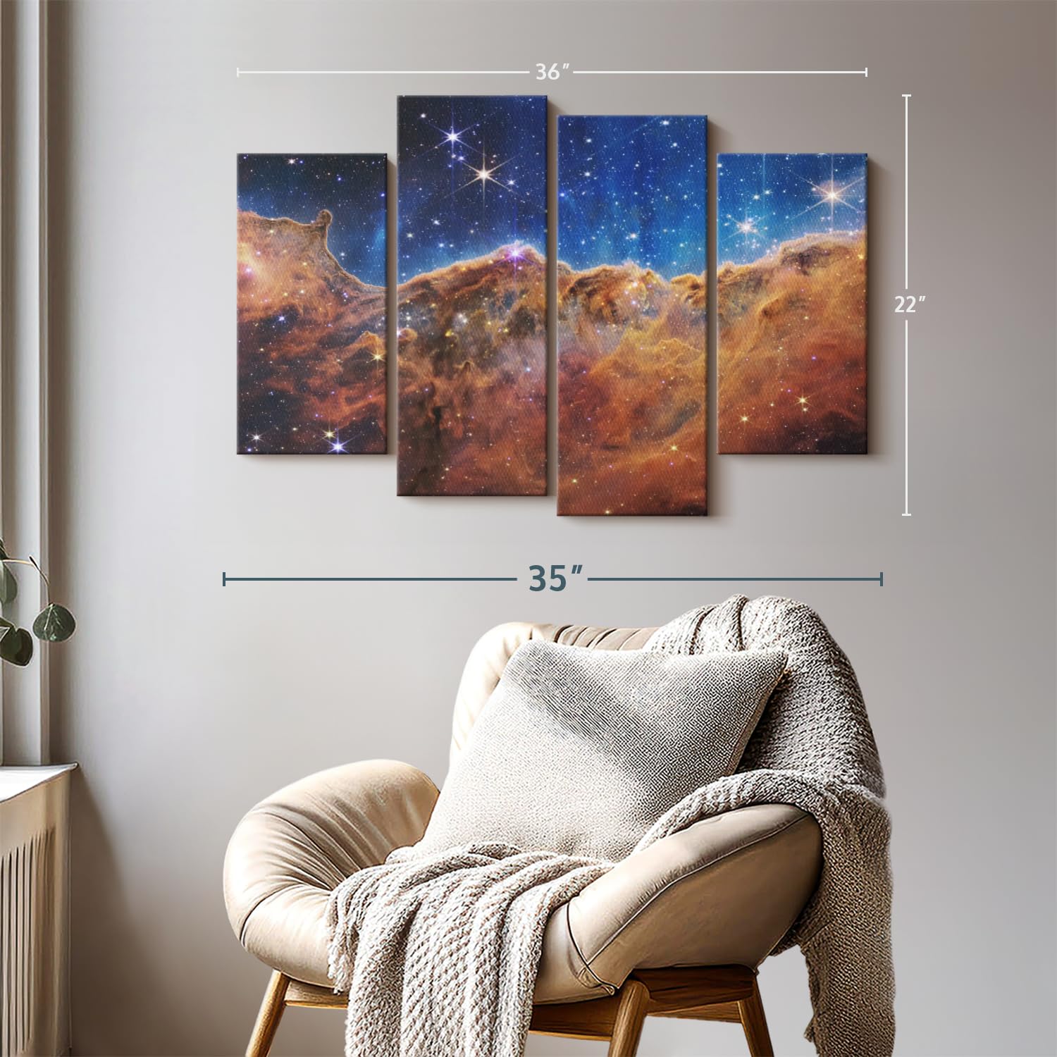 Elephant Stock James Webb's Carina Nebula Wall Art - Horizontal Canvas - 4-Piece Living Room Wall Decor - Photographic Canvas Print - Brown and Blue Decor for Wall by NASA - 36