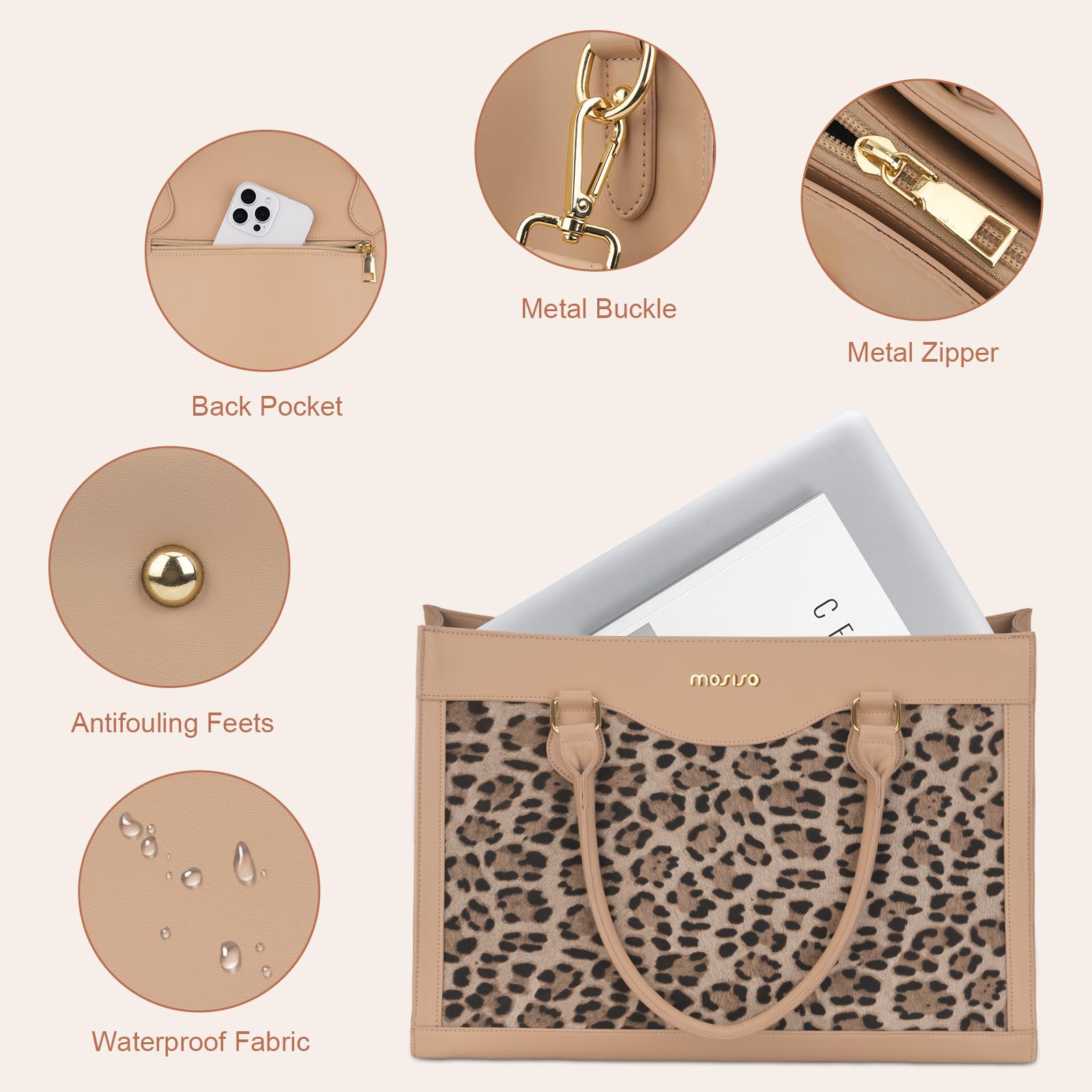 MOSISO Bolsa Portátil con Gran Capacidad, 15,6 Pulgadas Cuero PU Grano Leopardo Bolsa Laptop para Mujeres&Bolso Embrague, Impermeable Computer Maletín Trabajo para Oficina Negocios,Albaricoque