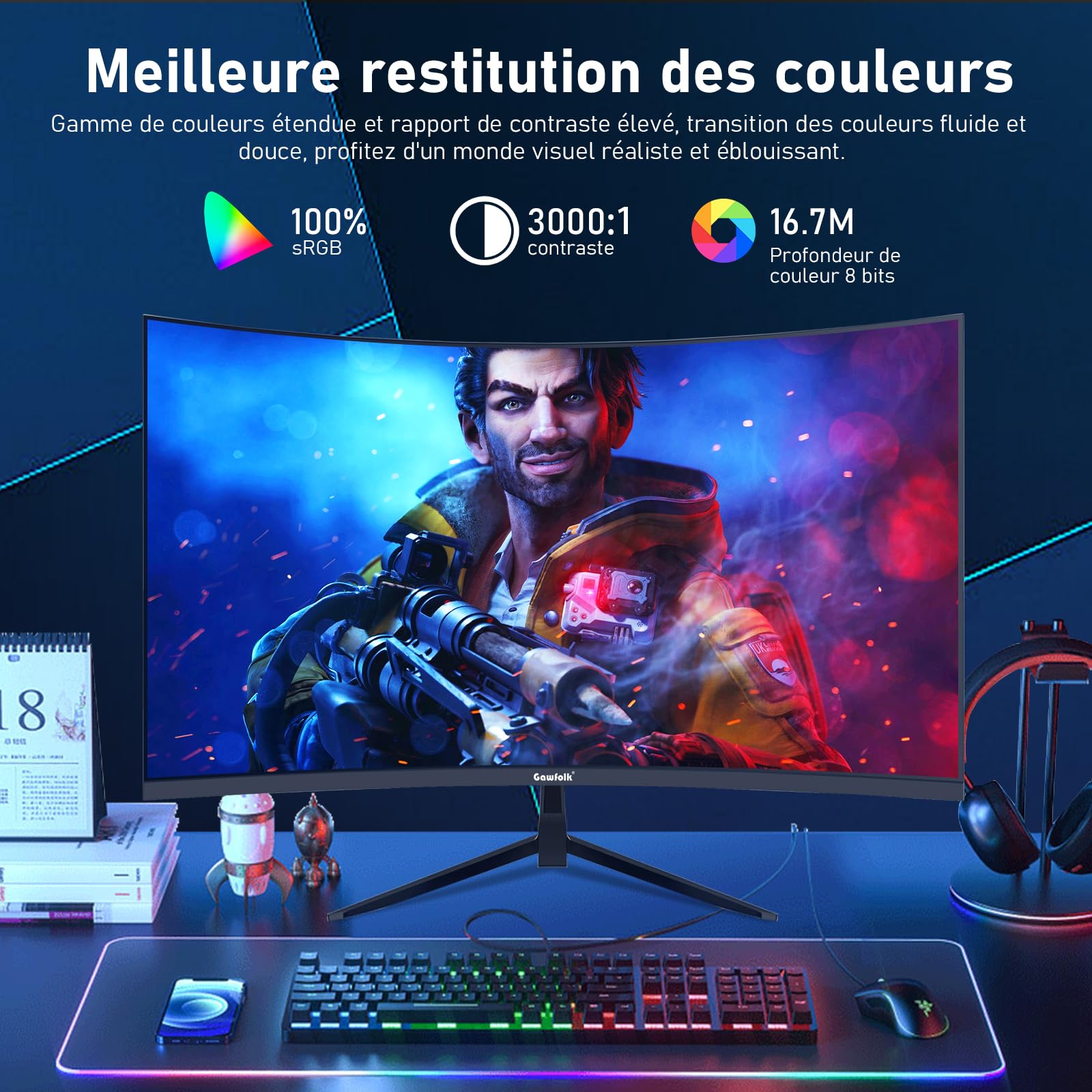 Gawfolk Écran PC 32 Pouces,2K WQHD(2560×1440P),165Hz incurvé Gaming Moniteur, 1ms sans Lunette, 100% sRGB，178 ° Angle Vue HDMI、DisplayPort, Compatible avec Mural VESA100*100MM - Noir