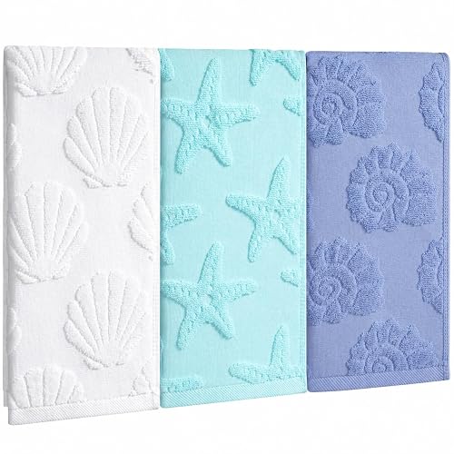 3pcs Coastal Beach Hand Towels for Bathroom,100% Cotton | 13.8x29.5Inch