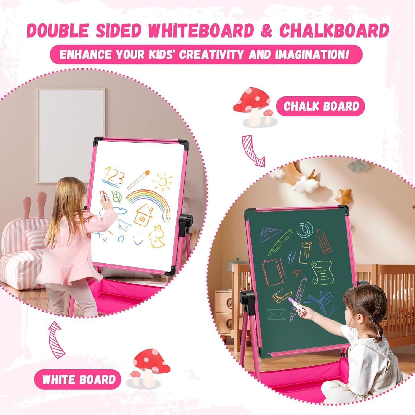 Dawnwake Easel Board for Kids, Kids Iron Art Easel – Double-Sided, Height Adjustable (29.6"-44"), 360° Rotating Whiteboard & Chalkboard, for Ages 2+ (Pink) 1