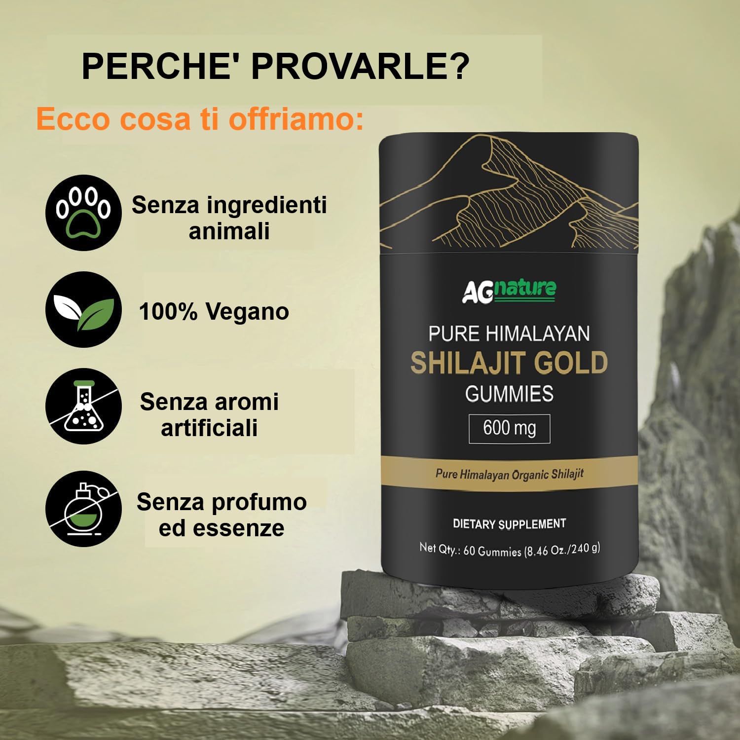 AG nature Shilajit Himalayano Originale 60 Caramelle Gommose- Integratore Alimentare Naturale con +85 Minerali e Acido Fulvico e Umico