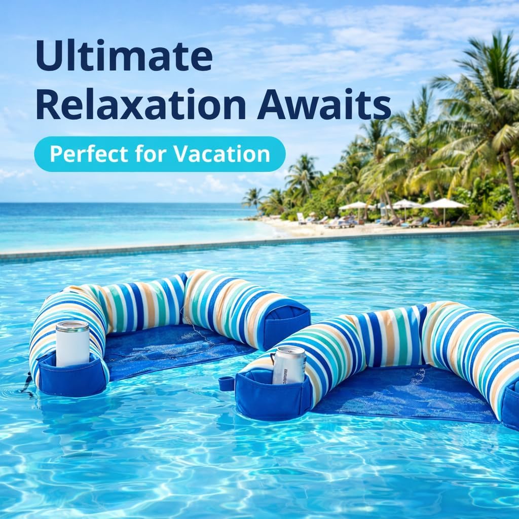 Big Joe Premium Noodle Sling Pool Float Chair with Cup Holder, No Inflation Needed, Lightweight Adult Floating Seat, Quick-Dry Mesh, Blue Multi Stripe, American Brand