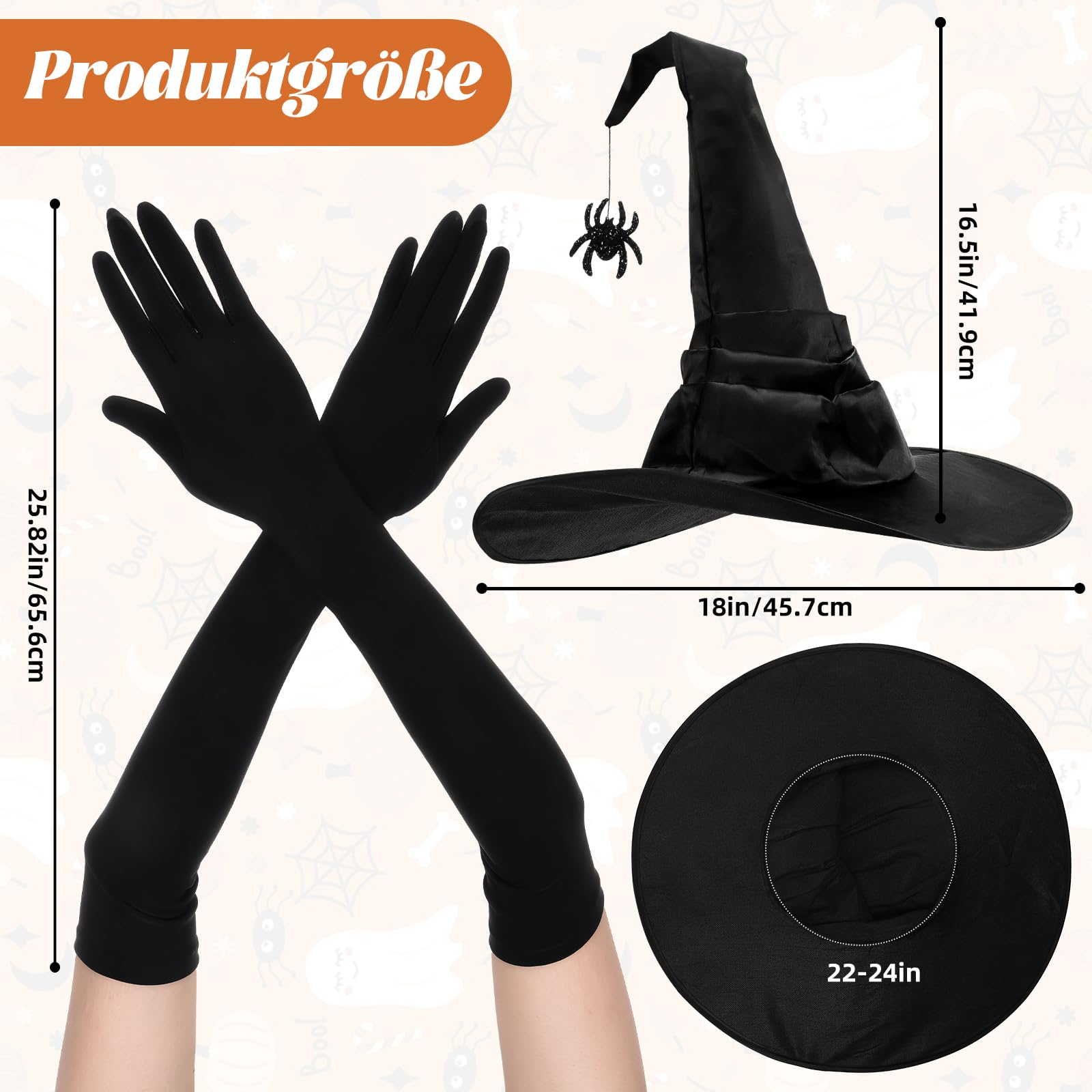 GONNCZ Black Witch Hat and Gloves for Women Witch Costume Accessories for Adults Satin Hat with Glitter Spider & 65cm Long Stretch Gloves,Fancy Dress for Halloween Party & Cosplay - Image 3