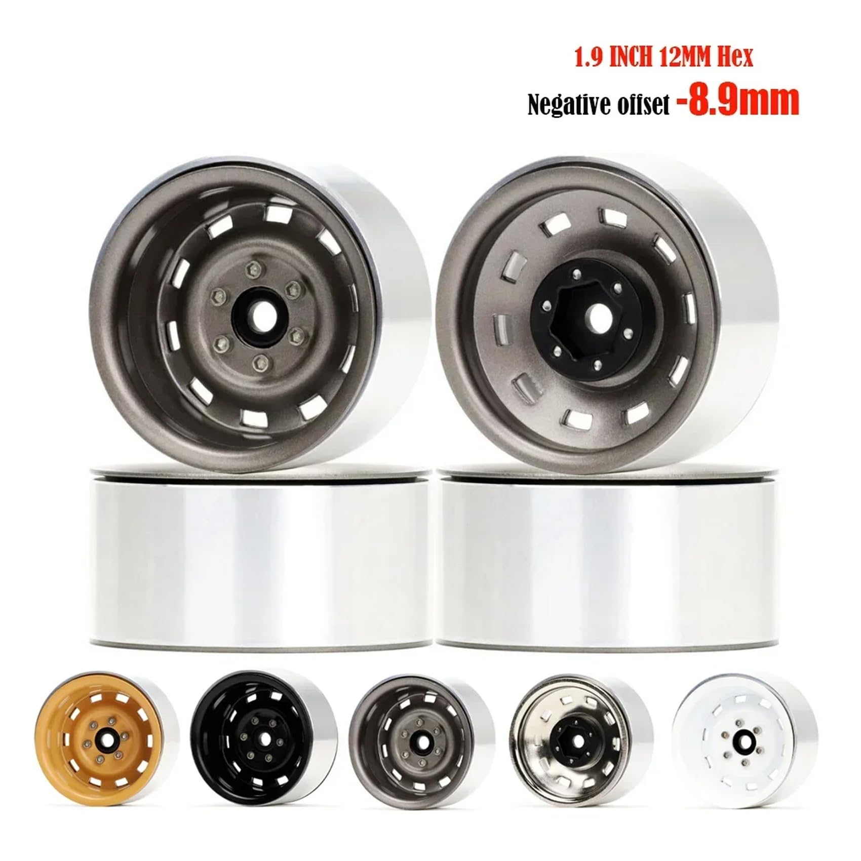 KINGCOO 4PCS 1,9" Beadlock Räder Felgennabe Offset-8.9mm Metall Deep Dish Nabe für 1/10 RC Rock Crawler Auto für TRX4 Axial SCX10 90046 TRX6 TRX4 TF2 D90 GEN8 UTB18 1,9 Zoll Größe Reifen (Grau)