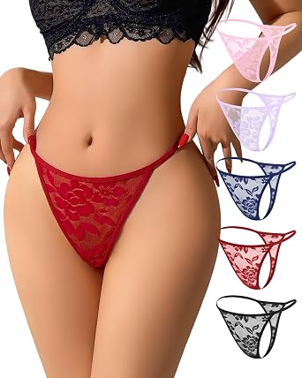 G String Thongs for Women Sexy Thongs Lace T Back Tangas Low Waist No Show Panties Cut Out Strap Underwear 5 Pack