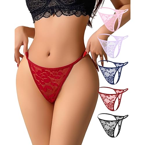 G String Thongs for Women Sexy Thongs Lace T Back Tangas Low Waist No Show Panties Cut Out Strap Underwear 5 Pack