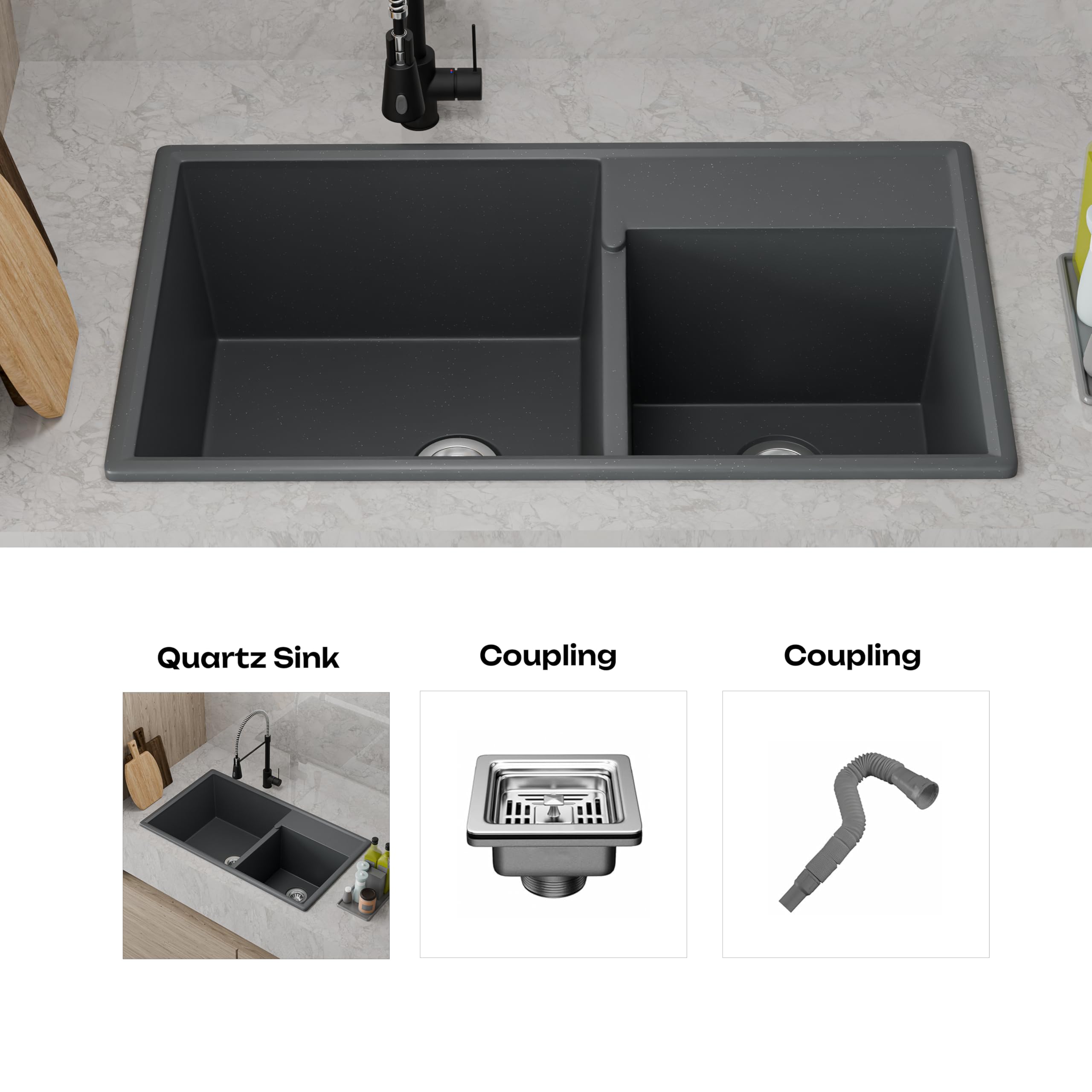 HISRE Quartz Kitchen Sink | 31x18x9 Inches Double Bowl Quartz Sink for Kitchen | UV Protected Sound Dampening Scratch Resistant Noise Reducing Durable and Easy to Clean | Gray, photo 5 of 5