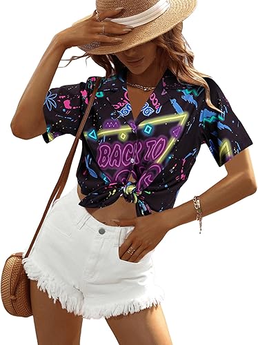 Miniatura 4 de MYHALF Traje de los años 80 para mujer, camisas de neón de los años 80, trajes de fiesta temática de los años 80 y 90, trajes retro de manga corta