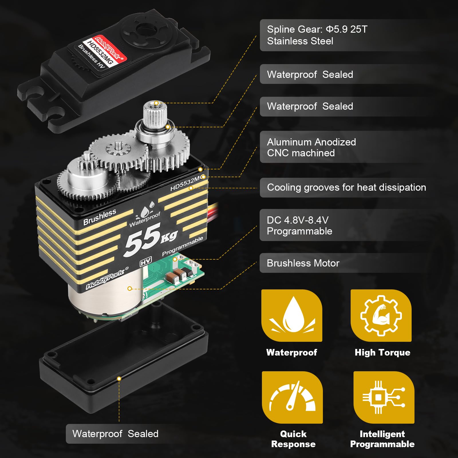 HobbyPark Servos étanches 55 kg Moteur sans balais à couple élevé Servo de direction RC Vitesse rapide Taille standard HV Engrenages métalliques en acier inoxydable pour 1/8 1/10 RC Crawler Voiture