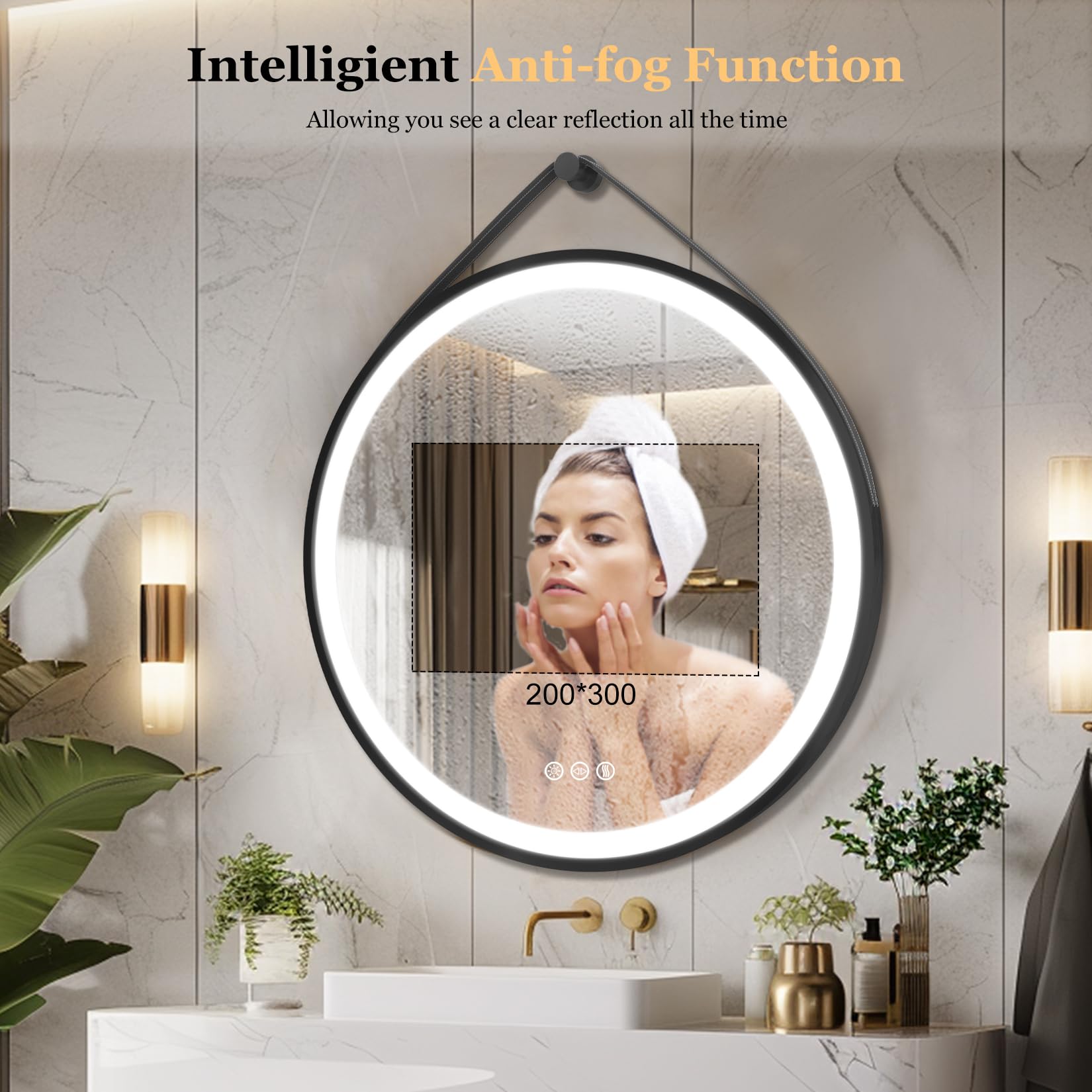 LUVODI Specchio Bagno con Led Luce Rotondo 60 cm: Specchio Smart Tondo Bagno Cornice in Alluminio Nero Cinghia Regolabile in Pelle, Illuminato Frontale, Antiappanamento, Dimmerabile, Funzione Memoria