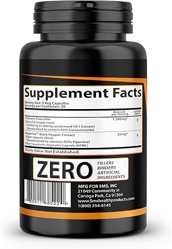 Miniatura 9 de Curcumina de cúrcuma con pimienta negra 1,500 mg 90 cápsulas vegetales Suplemento dietético con 95% curcuminoides estandarizados y bioperina para
