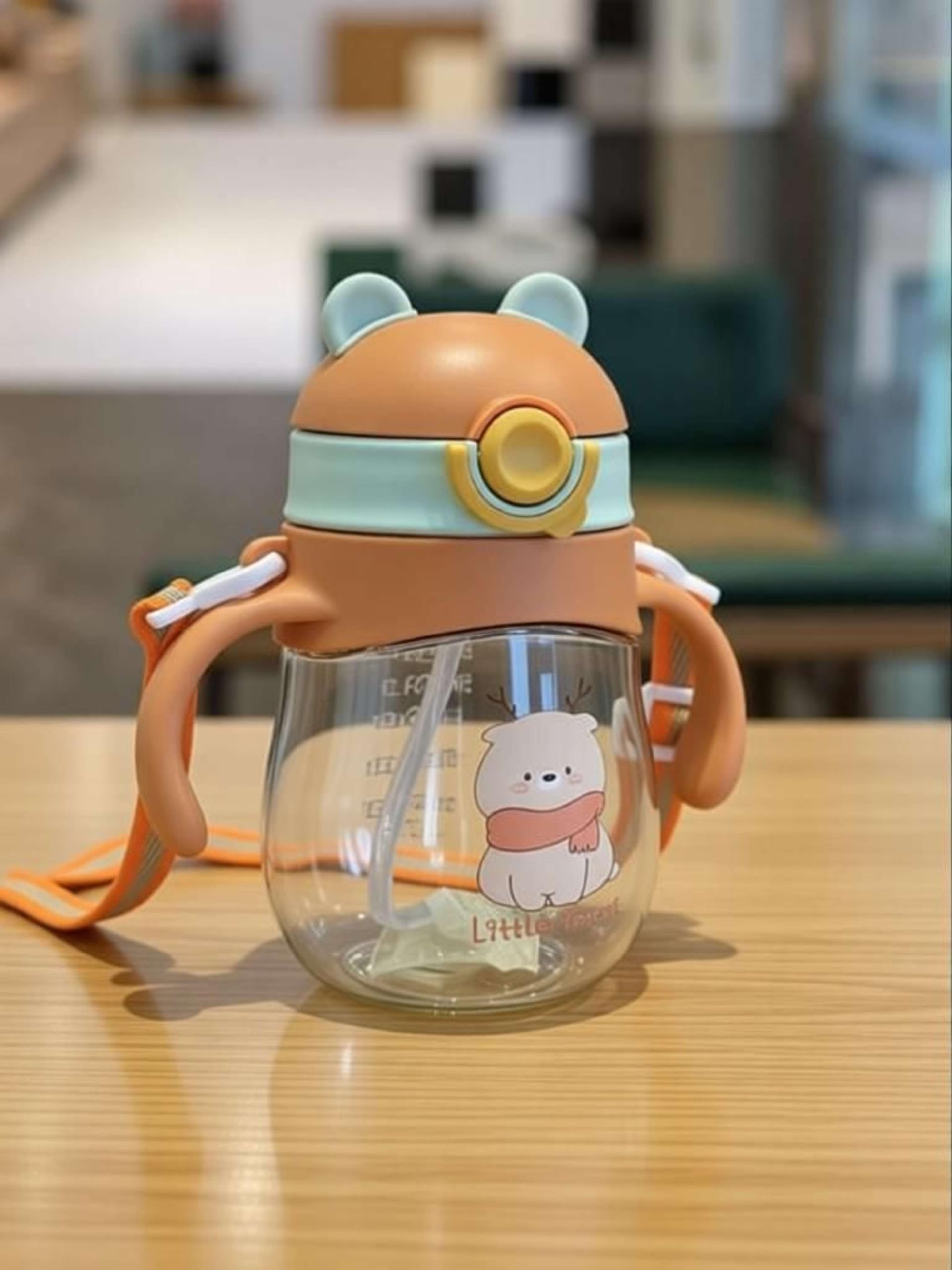 Kids Bear Sippy Cup with Straw, Handles and Shoulder Strap,pack of 1 | Cartoon Bear Design, Leak-Proof Lid, Toddler Friendly, Transparent Body, Push-Button Straw-image-16