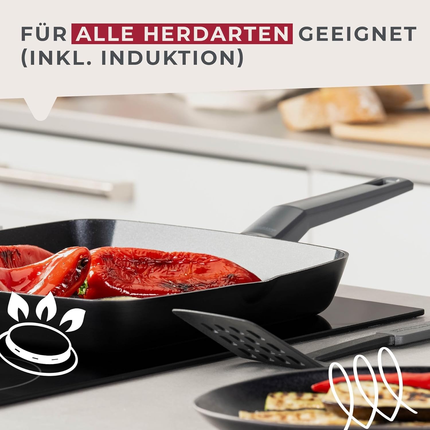 Fackelmann STATEMENT 28cm Grill Frying Pan, Recycled Aluminium, Non-Stick PFAS Free Ceramic Coating, Grill Line Base Structure, Comfort Grip Handle, All Stoves Including Induction,47x28x4.3cm,Ash Grey