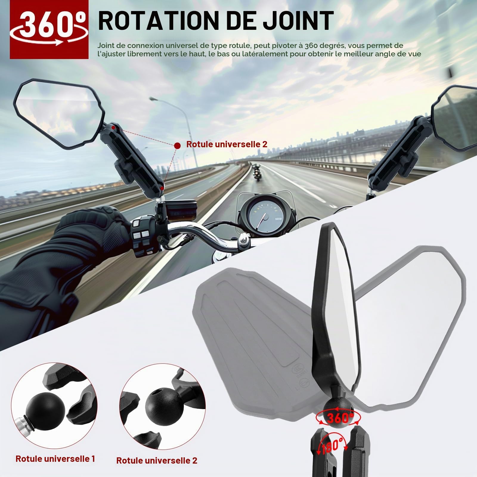 DREAMIZER Rétroviseur Moto Adventure E24, Universel Rétroviseur Moto Pliable 360 ​​​​Enduro Rétroviseur avec guidon 22 mm vis M8/M10 Compatible avec Street Dirt Electric Bike Ebike Scooter ATV Quad