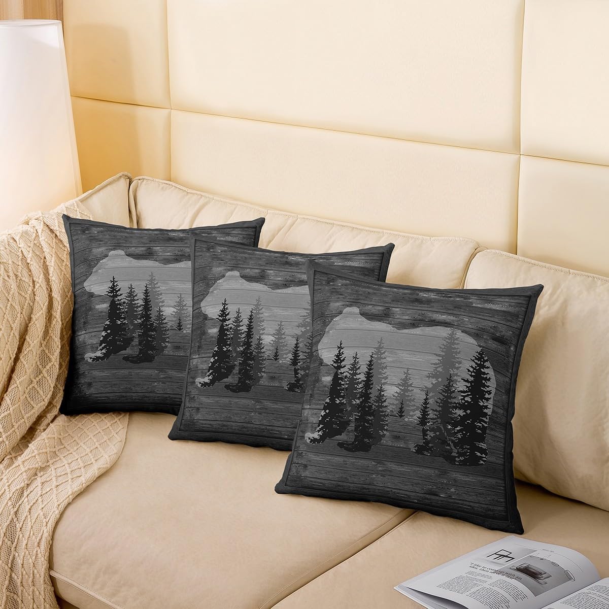 Feelyou Rustic Bear Throw Pillow Covers 22"x22" Set of 2 Farmhouse Wild Animal Throw Pillowcases for Rustic Cabin Country Pillow Cases Cushion Covers Nature Bear Western Farmhouse Grey Cushion Cases