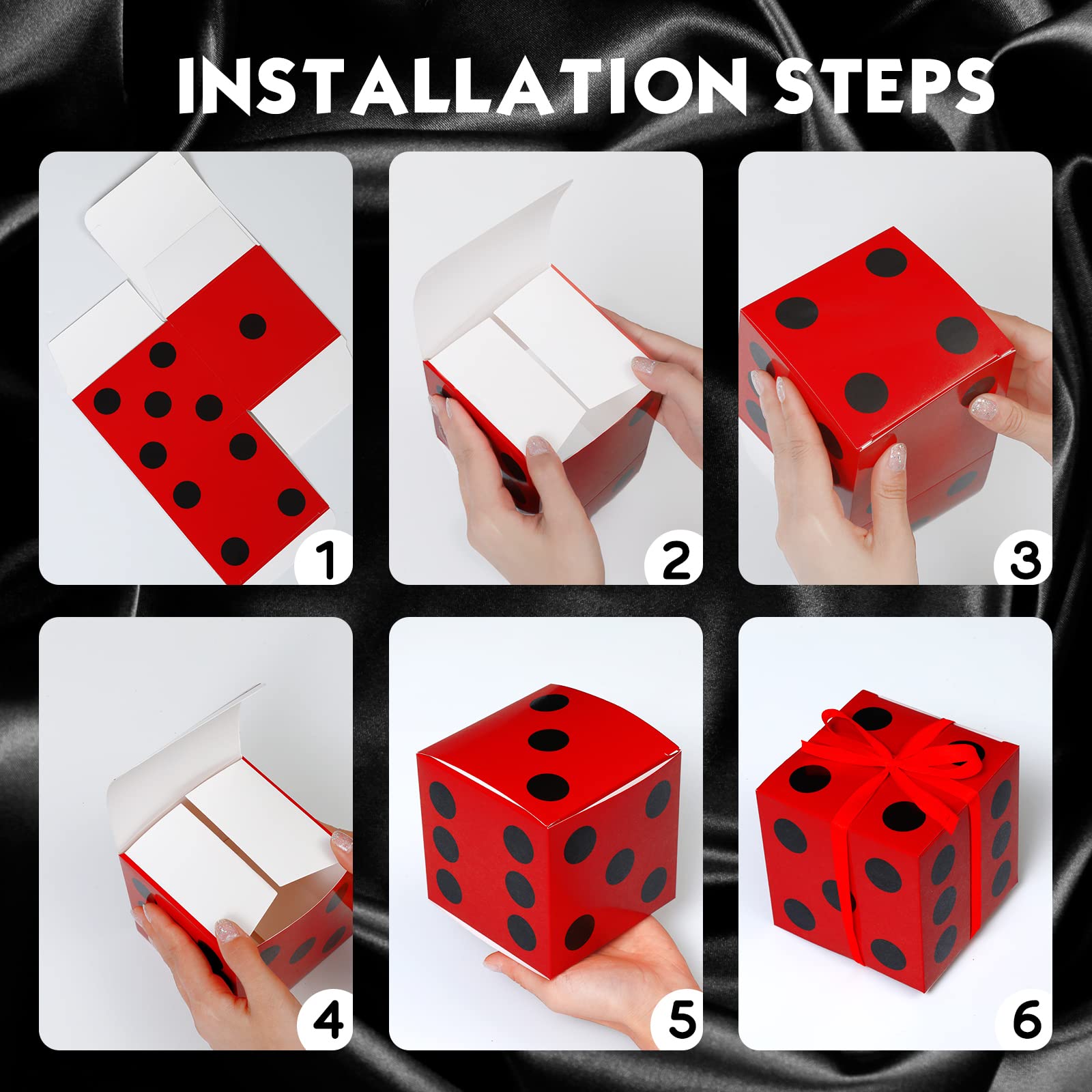Sinmoe Lot de 50 boîtes à dés en carton avec ruban - 10,2 x 10,2 x 10,2 cm - Décoration de fête sur le thème du casino - Centres de table pour cadeau d'anniversaire, fête de jeu Vegas (noir, blanc
