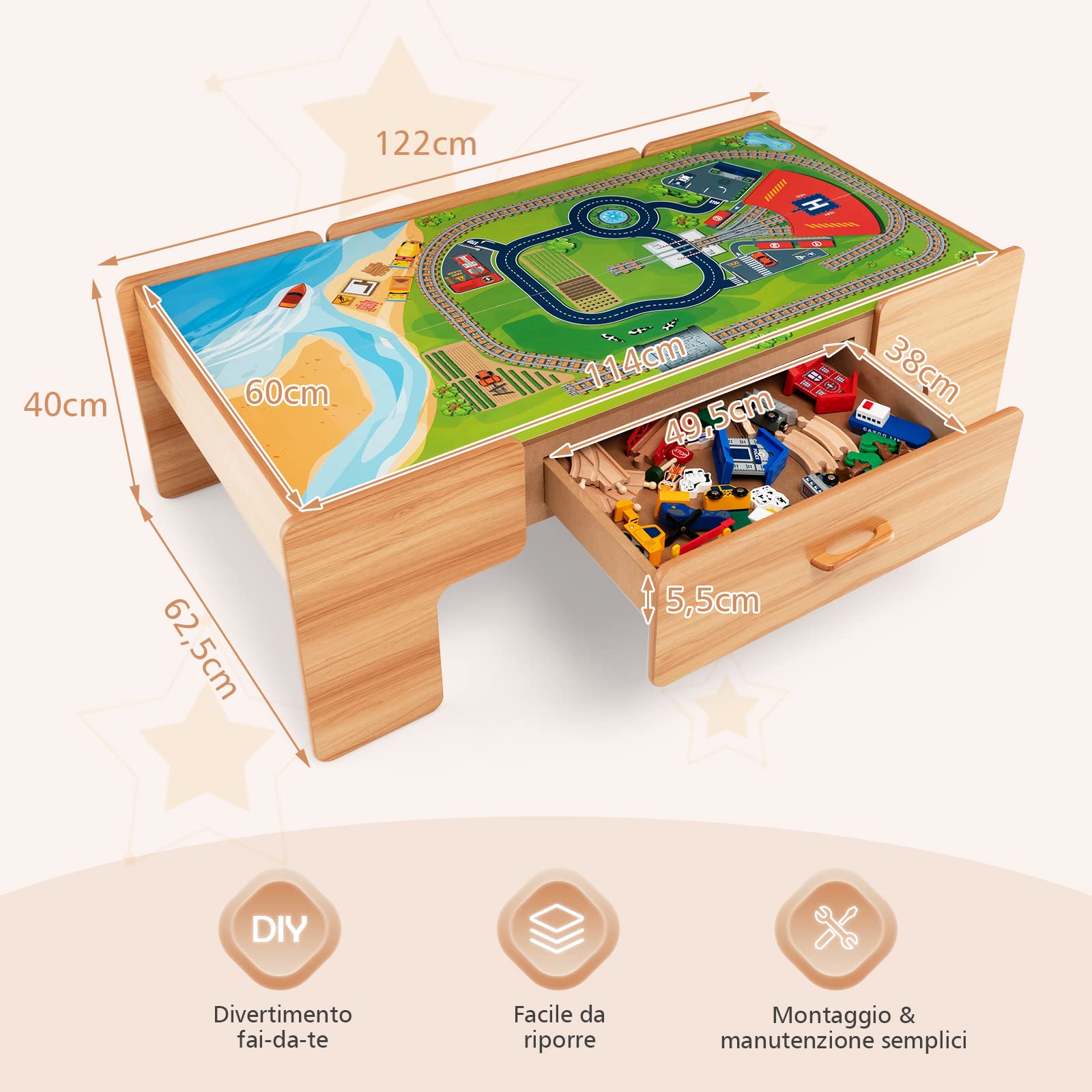 COSTWAY Tavolo e Set Treno Giocattolo in Legno, Set da Gioco Creativo Treni e Binari per Bambini con 100 Pezzi, Trenino per Bambini Anni 3+