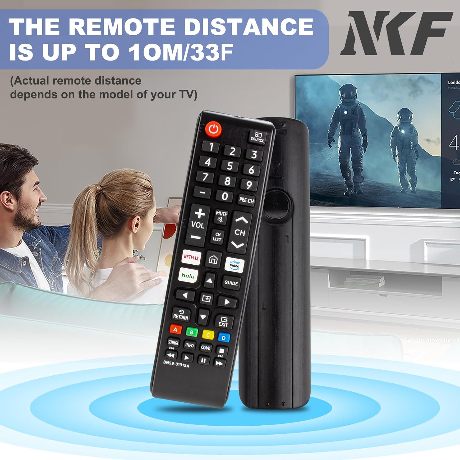 Person using NKF BN59-01315A remote control to navigate a Samsung Smart TV interface