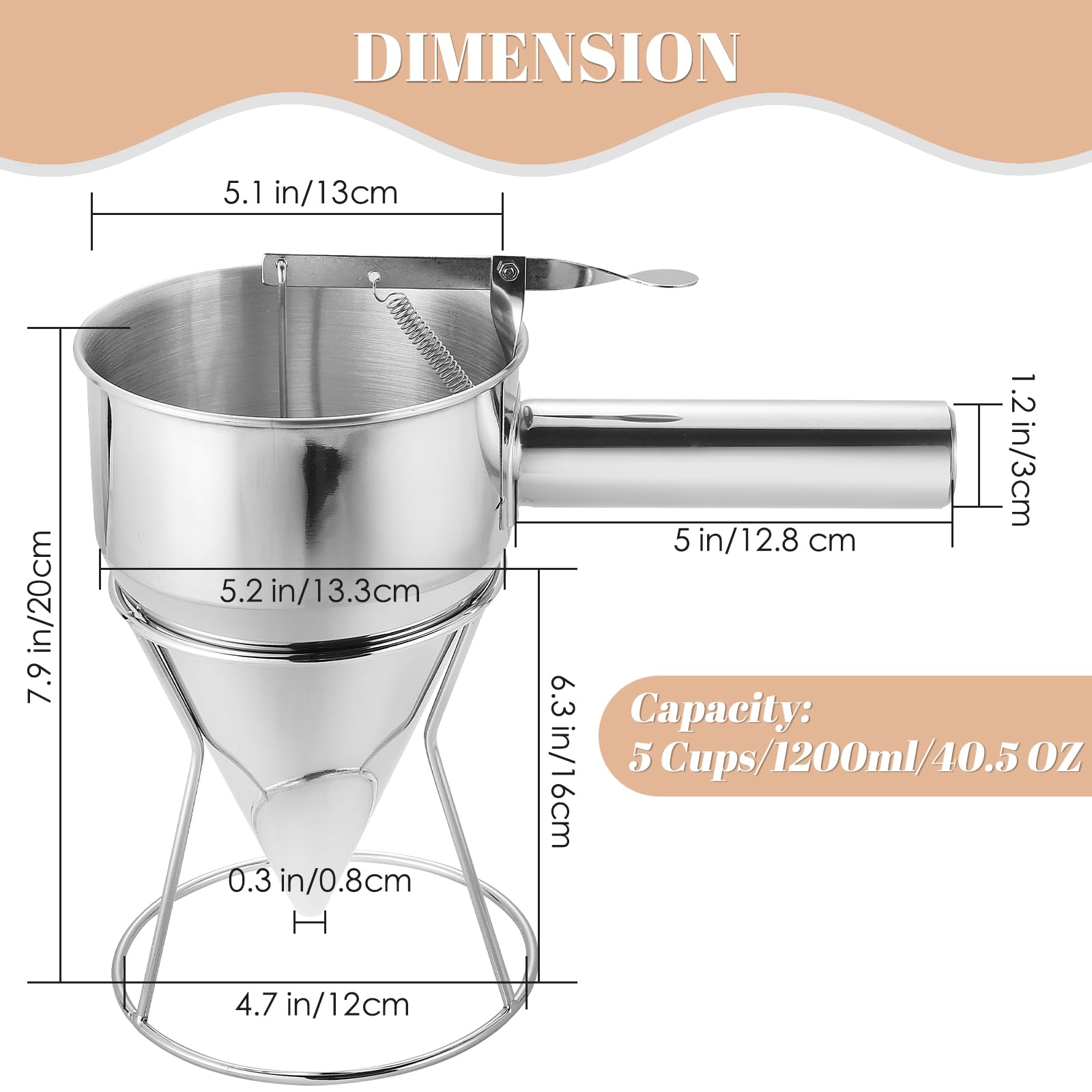 MAOPINER Dispensador de masa de panqueques de acero inoxidable de 1200 ml, dispensador de embudo de pistón, embudo comercial de confitería de chocolate con soporte para Takoyaki y hornear