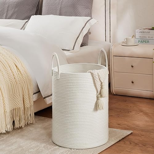 Miniatura 2 de TECHMILLY - Cesta de lavandería de cuerda tejida blanca de 58 litros para almacenamiento de ropa, mantas, cesta de lavandería grande y alta para