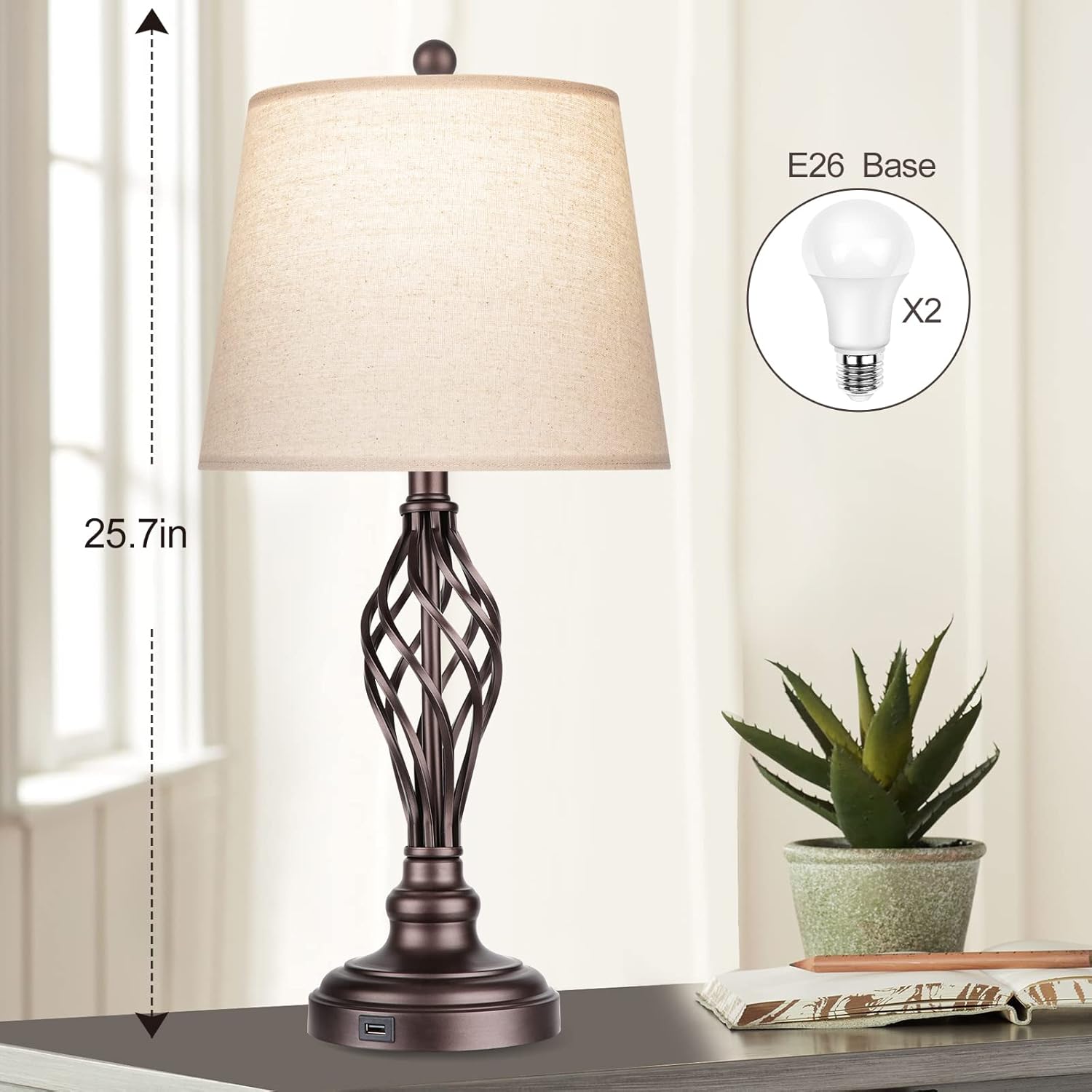 Touch Control Table Lamp Set of 2, 3-Way Dimmable Bedroom Lamp with USB Port Bedside Nightstand Lamp Rustic Farmhouse Drum Shade Spiral Cage Base Desk Lamp for Living Room, Daylight White 5000K