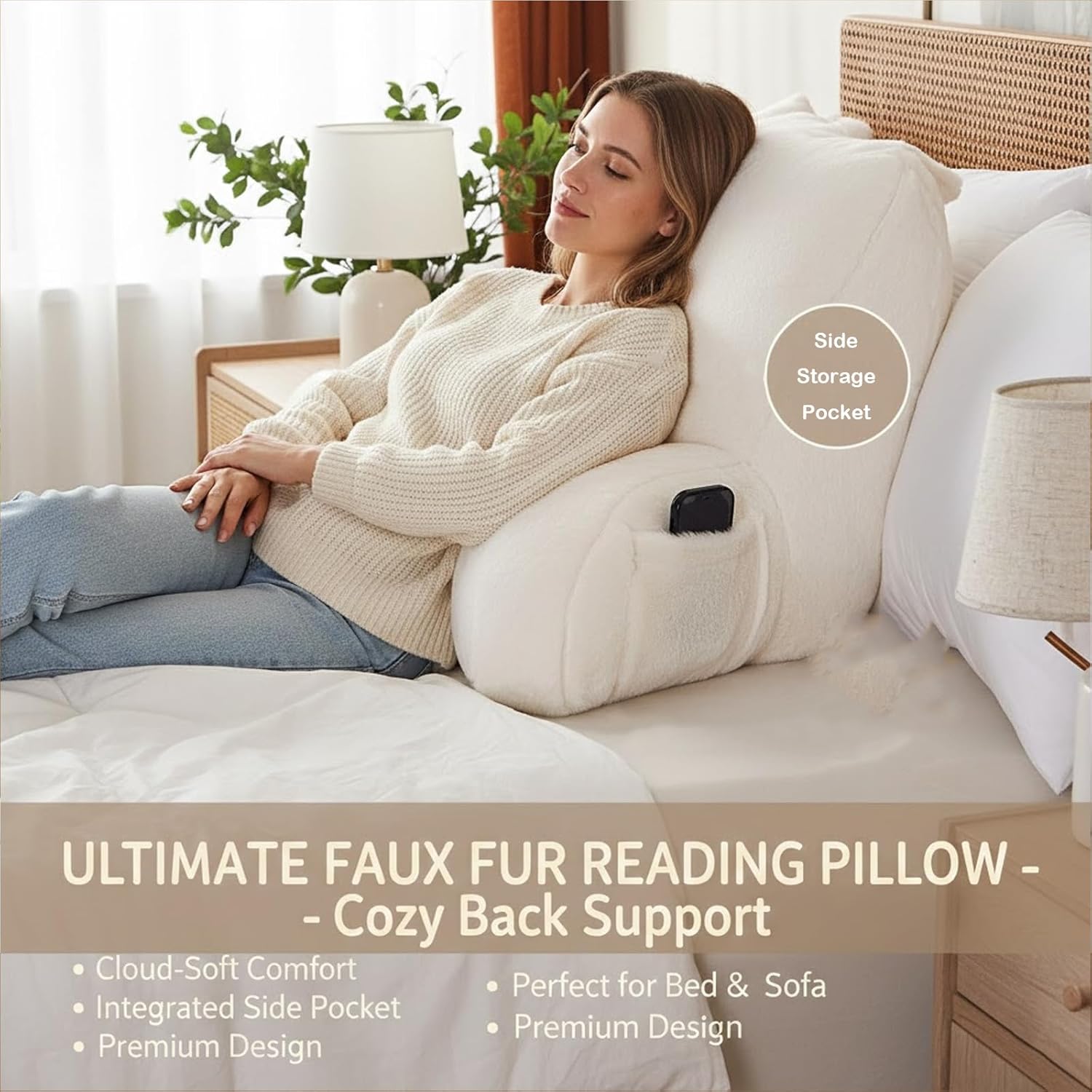 Reading Pillow with Arms for Sitting in Bed, Backrest Support Cushion Soft Back Pillow for Couch, Sofa & Floor, Dorm Essentials, Washable Cover, Faux Fur Wedge Cushion for Adults,Children,Student