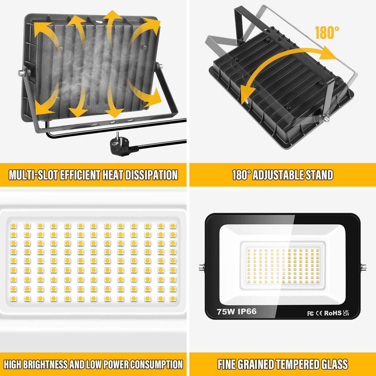 RIGIDON Faretto LED da Esterno con Spina, 2x 75W 7500LM Fari di Sicurezza, Proiettore Led, Faretti lampada Per Giardino Cortile Garage Parete Officina Patio, IP66 Impermeabile 3000K Bianco Caldo