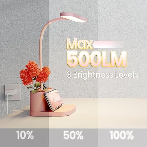 Miniatura 3 de AXX Lámpara de escritorio rosa para oficina en casa, lindas luces de mesa para dormitorios, kawaii, LED regulable, cuello de cisne flexible, soporte