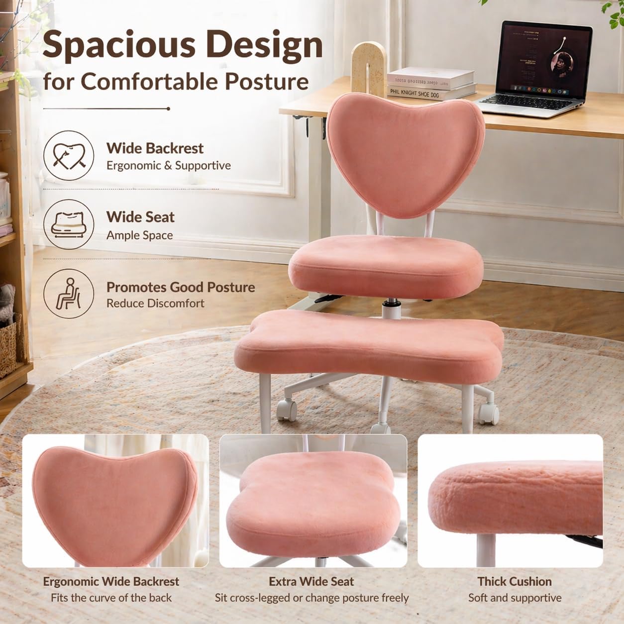 Cross Legged Office Chair, Velvet Ergonomic Criss Cross Chair with Wheels with Adjustable Height and Back Support for Yoga & ADHD, Wide Kneeling Chair, Home and Office,Yoga Chair, Pink