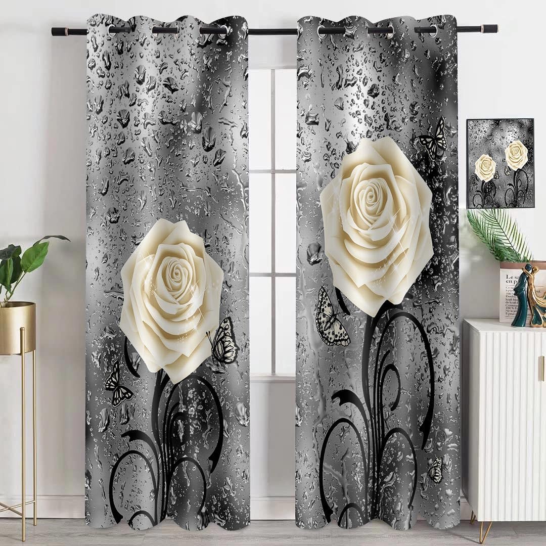 White Rose Curtains 84 inch Length White Floral Raindrops Gray Art Blackout Curtains for Living Room Bedroom Thermal Insulated Drapes 42x84 Inches 2 Panels