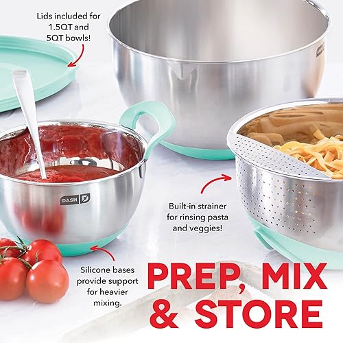 Miniatura 2 de DASH Tazones para mezclar de acero inoxidable con tapas, base antideslizante de silicona con líneas de medición y colador, juego de 3 tazones - 1.5